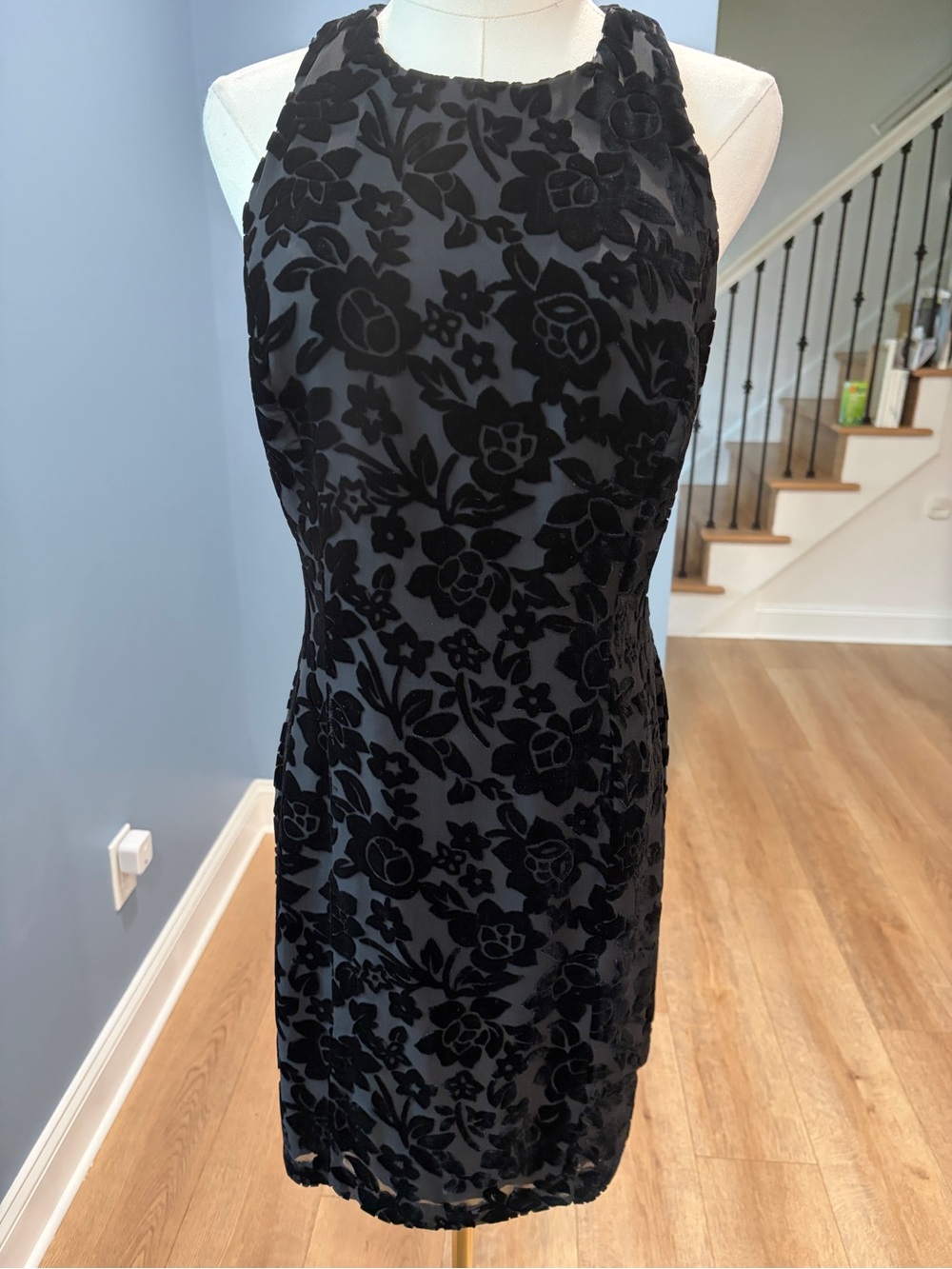 Vintage Rampage Black Velvet Burnout Floral Open Back Mini Dress Size 9 90s